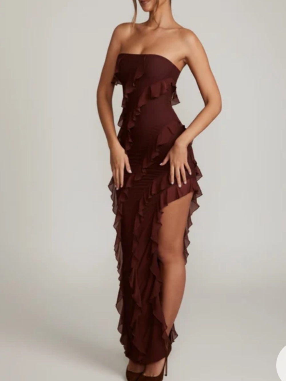 Oh Polly Strapless Ruffle High-Slit Maxi Dress - Brown